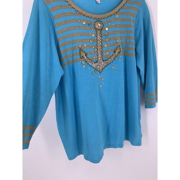 Quacker Factory Blue Gold Metallic Beaded Anchor Sweater Nautical M - Picture 3 of 10